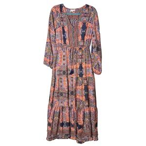 Anthropologie Boemo Boho Maxi Dress Sz L‎ Tiered Peasant Long Button Festival